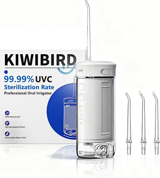 KIWIBIRD Mini Water Flosser for Travel, Ultra-Portable Cordless Oral Irrigator with UVC Light, IPX8 Waterproof 3 Modes, 230mL Teeth Cleaner for Tonsil Stones & Braces Care - Home & Travel (Grey)