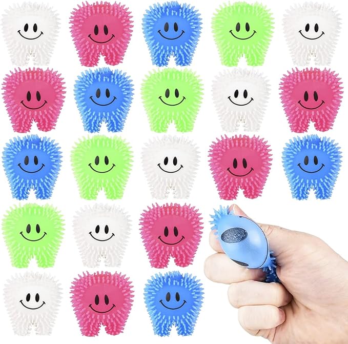 ArtCreativity Mini Tooth Puffers, Set of 24, Squeezy Toys for Kids with Soft Spikes, Sensory Fidget Toys for Stress Relief in Assorted Colors, Goodie Bag Stuffers, and Dentist Office Giveaways