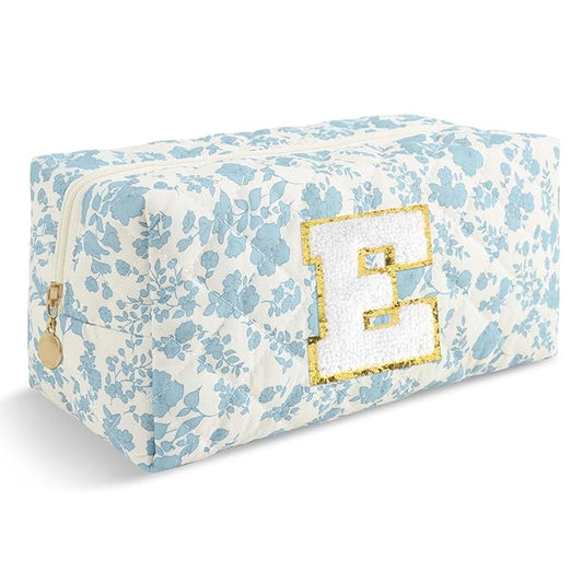 Personalized Quilted Cosmetic Bag, Puffy Monogrammed Christmas Birthday Gifts for Women & Girls, Cute initial Floral Makeup Bag Puffer Coquette Bag, Aesthetic Travel Toiletry Zipper Pouch(Blue,E)