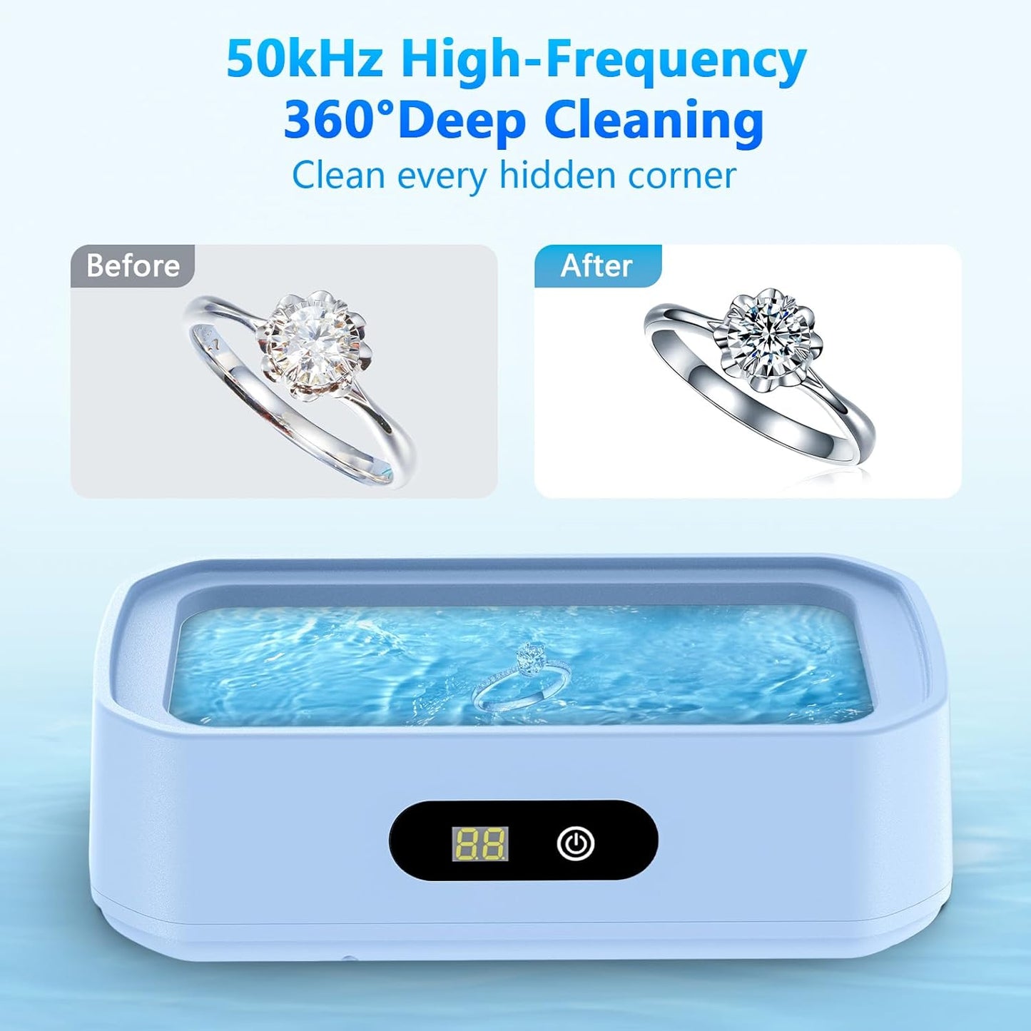 2025 Upgrade Large Capacity Ultrasonic Cleaner, 50Khz Ultrasonic Cleaner Machine with 5 Modes Timer for Glasses Dentures-304 Stainless Steel Tank, Blue