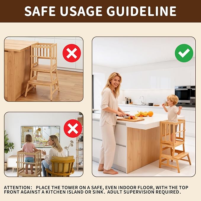 COSYLAND Kids Kitchen Step Stool, Toddler Standing Tower with CPC Certification, Removable Anti-Drop Railing Enjoys Unique Patented Design A Anti-tip Stable Structure 1.5-3 Years Natural & White