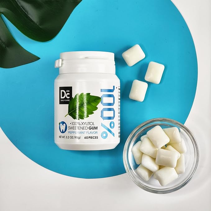 DC24 DAILY CARE 100% Xylitol Gum, No Aspartame, Sugar Free Peppermint Chewing Gum, Natural Flavors, Gluten Free, Vegan, 60 Pieces, Pack of 2