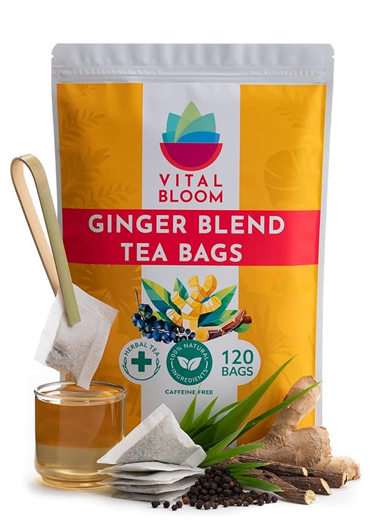 Vital Bloom 120 ct Ginger Tea Bags, Blend With Peppermint, Licorice, Lemongrass and Black Pepper, 100% Natural Ingredients, Bleach Free Tea Bags, Caffeine Free (Free Bamboo Tongs Included)