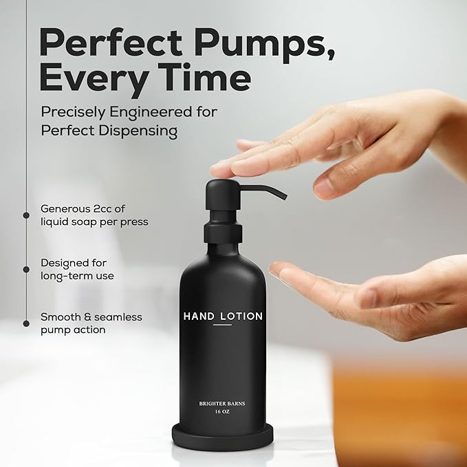 Black Glass Lotion Dispenser with Pump by Brighter Barns - Hand Lotion Dispenser Bathroom Set & Tray - Modern Bathroom Decor in Airbnb, Apartment Rental Properties, Guest House, Hotel Lobby (Black)