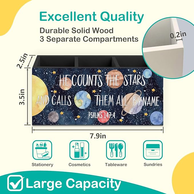 Space Christian Pen Pencil Holder for Desk, Space Nursery Decor, Navy Blue Solar System Bible Verse Decorative Sign for Toddler Nursery Kids Boys Room Desk Tabletop Decor