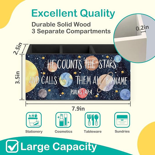 Space Christian Pen Pencil Holder for Desk, Space Nursery Decor, Navy Blue Solar System Bible Verse Decorative Sign for Toddler Nursery Kids Boys Room Desk Tabletop Decor