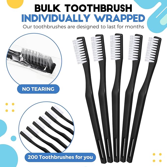 CHENGU 200 Pack Individually Wrapped Disposable Toothbrush Bulk Single Use Toothbrush with Soft Bristle for Women Men Adult Hotels Guest Travel Donation(Black)
