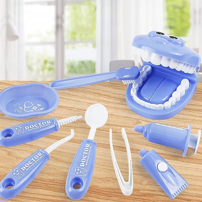 Dental Early Education Brushing Toys, 9Pcs/Set Children Role Play Toy Crocodile Early Education Cartoon Tooth Brushing Model Preschool Education Toy Dentist Game for Kids Classroom Blue