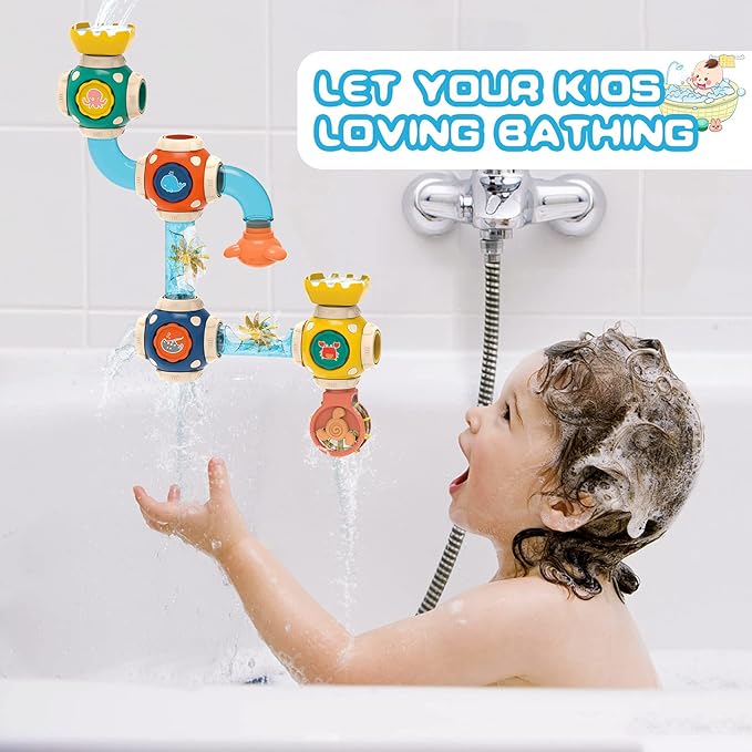 Bath Toys, STEM Baby Bathtub Toy with DIY Pipe Tubes, Cubes,Spoon, Lovely Cute Bathroom Time Spray Waterfall Shower Toy, Suitable for Toddlers Boys Girls 3 Years and up