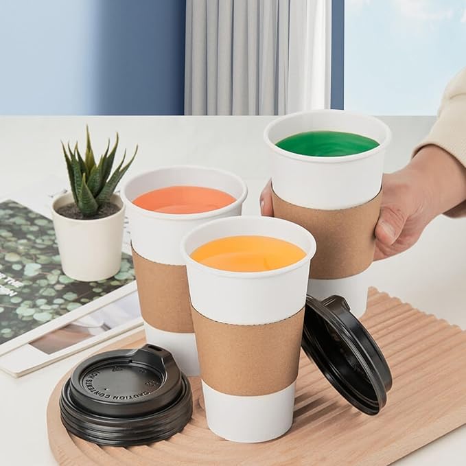 RACETOP Disposabe Coffee Cups with Lids and Sleeves 16 oz 50 Pack, Hot Paper Coffee Cups with Lids, To Go Cup with Lid, Ideal for To Go Coffee, Travel, Office, Home