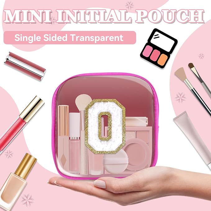 Mini Clear Personalized Initial Makeup Bag,Small Nylon Waterproof Zip Beach Cosmetic Pouch,Preppy A-Z Chenille Letter Patch Cute Coin Purse Travel Toiletry Bag Car Pack Bag for Women(Hot Pink-White O)