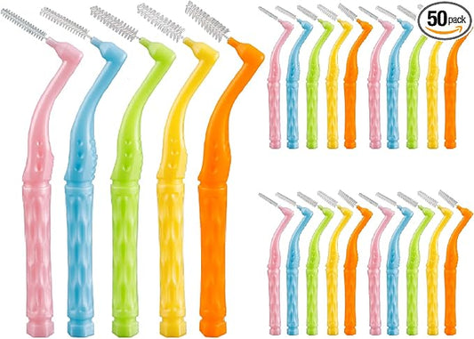 50PCS L-Shaped Interdental Brushes Braces Toothbrush Short Handle,5 Different Sizes Dental Floss Brush Angled Interdental Toothpick