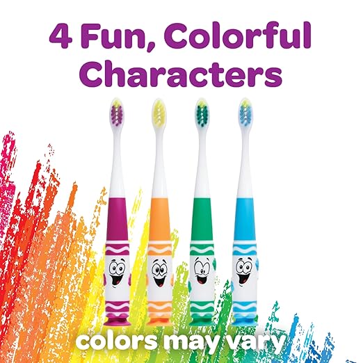 GUM Crayola Pip-Squeaks Kids' Manual Toothbrush, Extra Soft Bristle Toddler Toothbrush for Ages 3+, Suction Cup Base, 1 Count (Pack of 4)