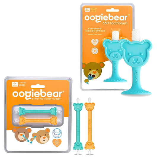 oogiebear Infant-to-Toddler Training Toothbrush w/ 2-Pack Baby Nose Cleaner & Ear Wax Remover Tool Bundle, Case Included - Safe Tools for Newborns, Infants and Todders