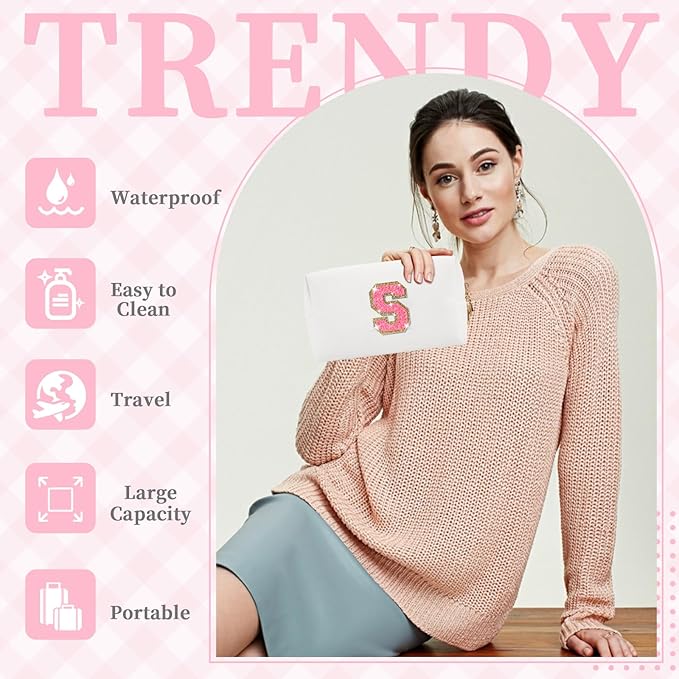 Small Personalized Initial A-Z Patch Makeup Bag,White Cute PU Leather Glitter Letter Cosmetic Bag for Teen Girls,Travel Toiletry Bag with Zipper,Preppy Monogrammed Birthday Gift for Daughter Niece S