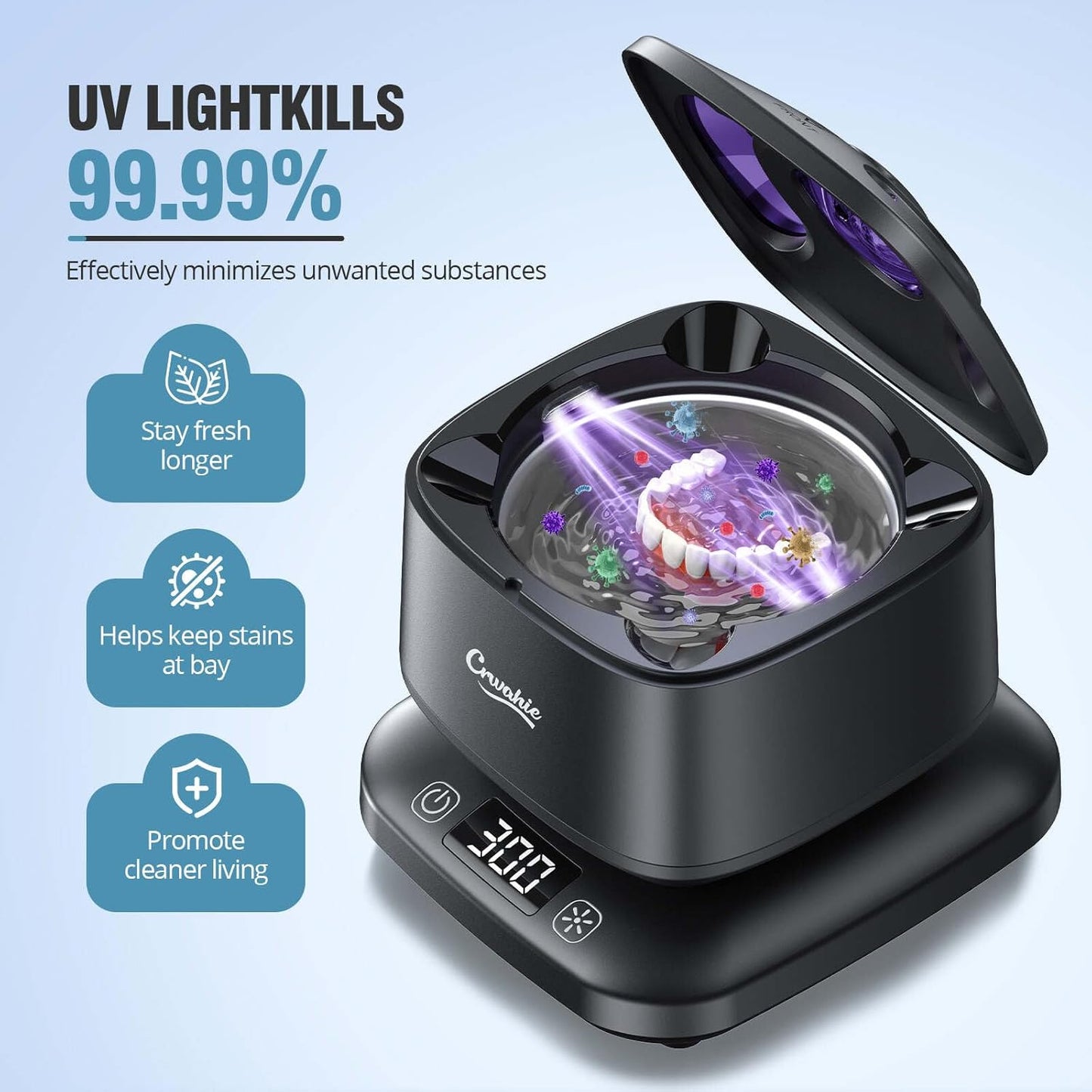 Ultrasonic Retainer Cleaner, Detachable 45kHz Retainer Cleaner Machine 3 Modes Dental Cleaning Pod with Visible Window Digital Timer for Mouth Guard, Dentures, Aligner, Braces, Jewelry - Black