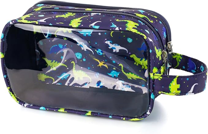 Dinosaur Kids Toiletry Bag for Boys, Travel Clear Toiletry Bag for Little Young Boys Waterproof Hanging Wash Bag Toddler Traveling Toiletries, Navy