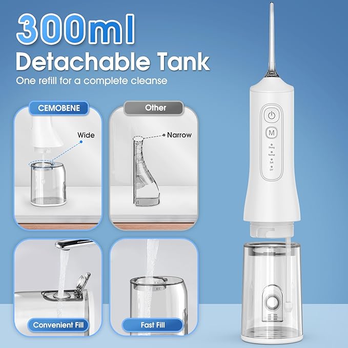 Water Flosser, Rechargeable 300ML IPX7 Waterproof Cordless Portable Oral Irrigator with 4 Modes & 6 Replaceable Jet Tips-Professional Flossing Cleaner for Daily Home Use,Travel,Gums,Braces Care(White)