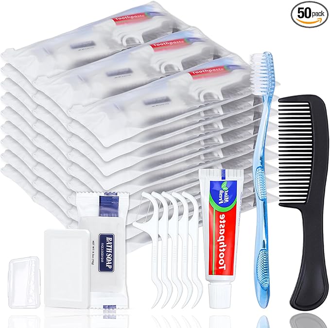 50 Sets Personal Hygiene Kit Basic Toiletry Kits Homeless Supplies Bulk for Women,Men,Travel,Charity,Business Include 50 Toothbrush, 50 Toothpaste, 50 Comb, 50 Bath Soap and 250 Floss Picks
