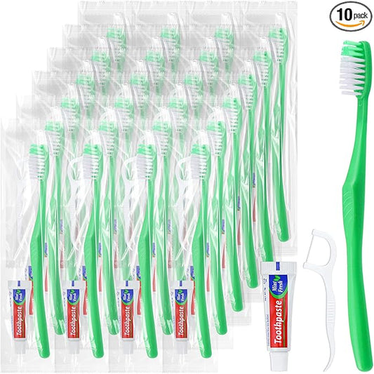 Disposable Toothbrushes with Toothpaste and Floss,10Pcs Green Single Use Individually Wrapped Disposable Travel Toothbrushes and Dental Floss Kit Bulk for Homeless,Airbnb,Hotel,Dentist