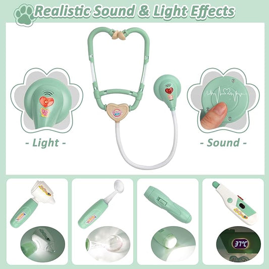 Liberry Doctor Kit for Toddlers 3 4 5 6 Years Old, 26 Pcs Kids Doctor Playset with Dog Toy, Stethoscope and Dress Up Costume, Pretend Play Medical for Boys Girls (Green)