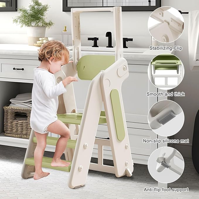 Toddler Tower Kitchen Stool Helper,Foldable/Adjustable Height Kids StandingTower Stool W/CPC Certification,for Kitchen Counter Bathroom Sink Cooking Child Ladder for Toddlers W/Safty Rail(Grey White)