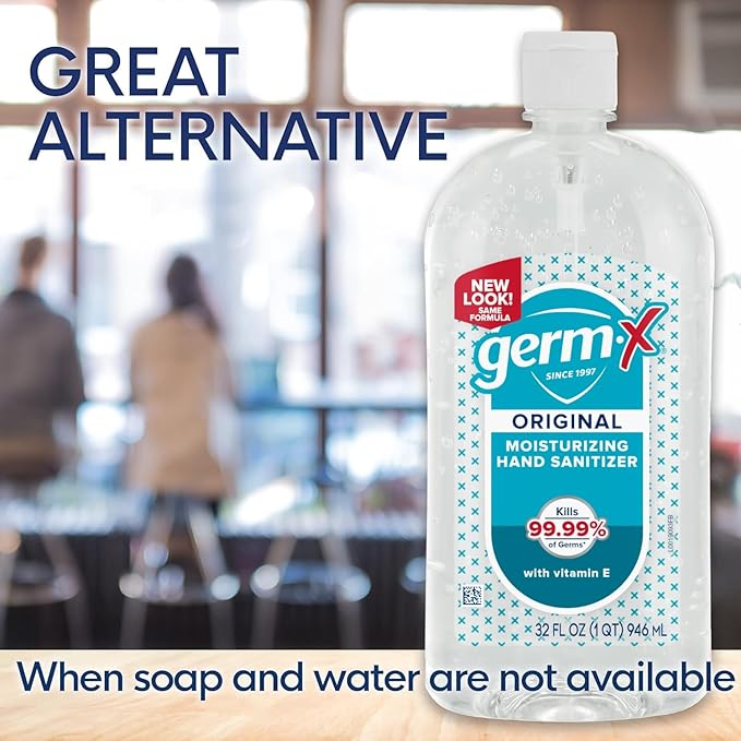 Germ-X Original Hand Sanitizer, 32 Fl Oz (Pack of 4), Less Drying Moisturizing Gel with Vitamin E, No Rinse Formula, Large Family-Size Flip Top Bottle