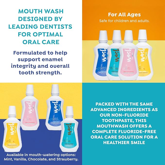 SuperMouth® Fluoride-Free Mouthwash – Nano-Hydroxyapatite, Vitamins D3 & K2, Prebiotics, Alkaline pH 8.5, Alcohol-Free, Freshens Breath, Safe Clean Ingredients, 4 Flavor Options