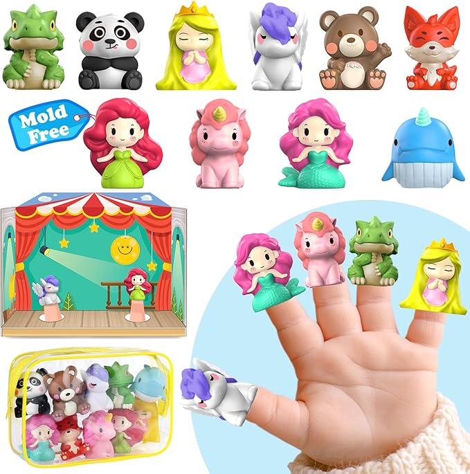 Oriate Fairy Tale Finger Puppets Toddler Toys, Story Time Puppets with Pretend Play Stage, Toddler Bath Toys with Storage Bag, Bathtub Party Favors Easter Basket Stuffers 12m 10Pcs