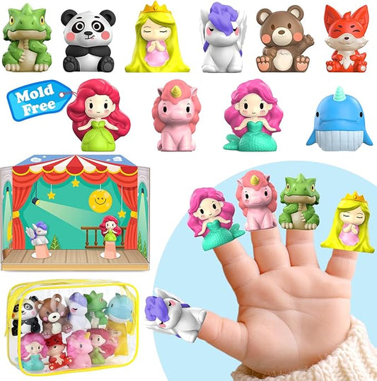 Oriate Fairy Tale Finger Puppets Toddler Toys, Story Time Puppets with Pretend Play Stage, Toddler Bath Toys with Storage Bag, Bathtub Party Favors Easter Basket Stuffers 12m 10Pcs