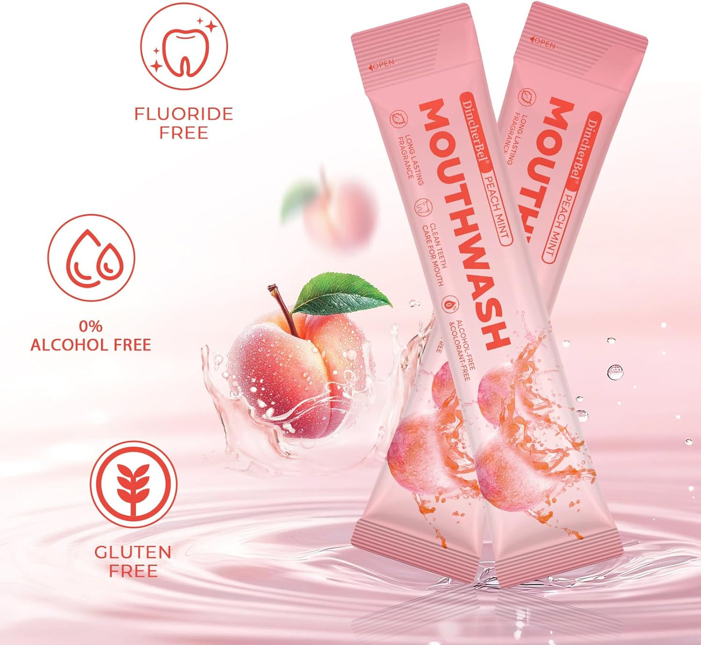Travel-Size Alcohol & Fluoride Free Peach Mint Mouthwash Packets, 60 Individually Wrapped Portable Packs for Adults, Fresh Breath Peach Mint Flavored Mouthwash for Oral Hygiene, 0.63 Fl Oz Each