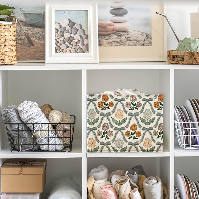 Coquette Blue Bow Floral Rectangular Storage Basket Organizer Bin Box with Handles,Girls Room Decorative Storage Baskets Toybox for Girls Room Dorm Bedroom Bathroom Clothes Toys Books