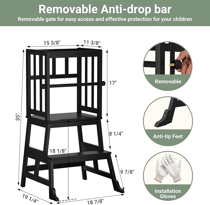 COSYLAND Kids Kitchen Step Stool Helper Baby and Toddler Multi-Function Step up Nursery Helper Stand with Safety Rail in Natural Bamboo, Strong and Lightweight 1.5-3 Years (Black)