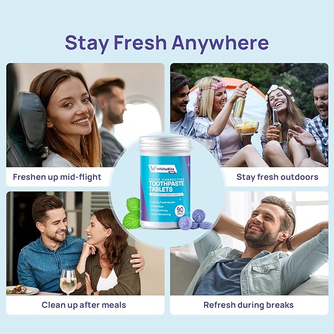 Whitebite Pro Color Correcting Toothpaste Tablets with Nano Hydroxyapatite | Fresh Breath & Natural Whitening | Travel-Friendly Toothpaste & Mouthwash | Fluoride and Plastic-Free (Peppermint, 2PK)