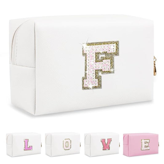 Small Initial Patch Makeup Bag Personalized Gifts Make Up Bag,White Cute PU Leather Glitter Letter Cosmetic Bag with Zipper,Trendy Portable Travel Toiletry Pouch,Preppy Stuff for Teen Girls Women F