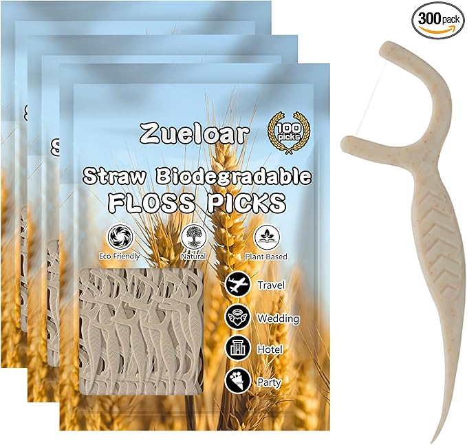 Straw Biodegradable Dental Floss Picks 300 Count,Zueloar Eco Friendly Natural Vegan Plant Based Floss Sticks,Tooth Flosser Clean for Adults Kids Oral Gum Care (300)