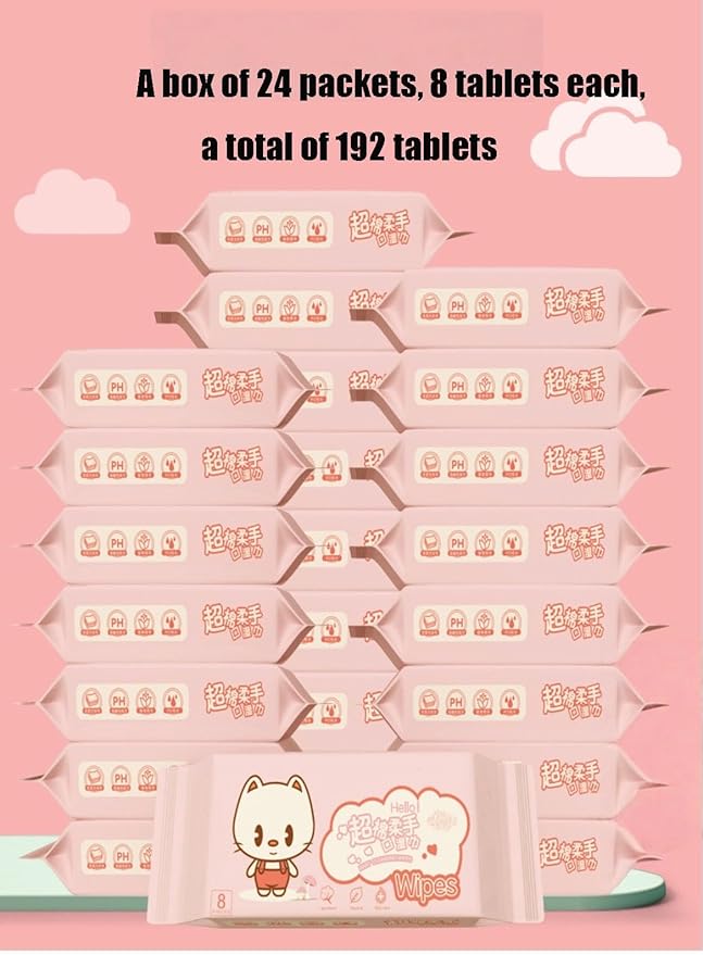 Impossibly Compact Travel Cleaning Wipes - Skin-Friendly Wet Wipes, Hypoallergenic & Unscented for Adults, Kids & Baby Care - 24 Pack Total 192 Wipes