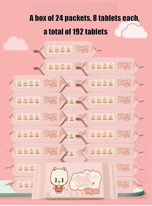 Impossibly Compact Travel Cleaning Wipes - Skin-Friendly Wet Wipes, Hypoallergenic & Unscented for Adults, Kids & Baby Care - 24 Pack Total 192 Wipes