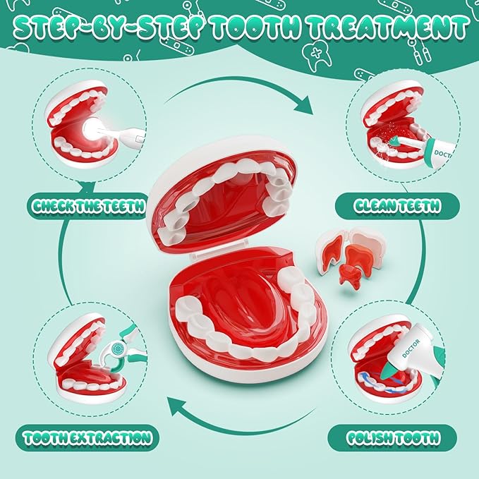 Toy Doctor Kit for Toddlers, Kids Dentist Play Set with Dentist Chair, Doll Toy, Stethoscope, Large Carrying Storage Bag, Dental Accessories, Pretend Doctor Play Medical Gift for Boys Girls(Green)