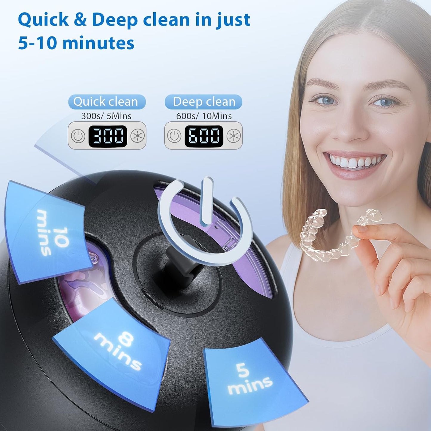 Ultrasonic Retainer Cleaner Machine, 42kHz Professional for Dentures, Aligners, Mouth Guards, Jewelry - IPX7 Waterproof Durable Removable Base and Top Cover, 3 Timer Settings, Quiet Black