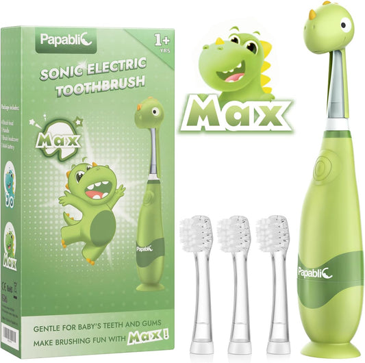 Papablic Toddler Sonic Electric Toothbrush Kids for Ages 1-3 Years, Baby Electric Toothbrush with Cute Dino Cover and Smart LED Timer, 4 Brush Heads (Max)