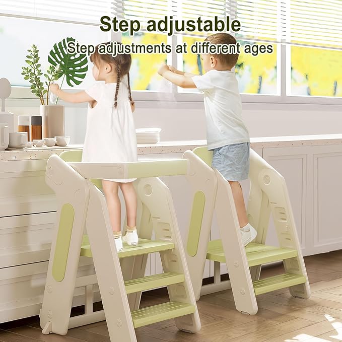 Toddler Tower Kitchen Stool Helper,Foldable/Adjustable Height Kids StandingTower Stool W/CPC Certification,for Kitchen Counter Bathroom Sink Cooking Child Ladder for Toddlers W/Safty Rail(Green White)