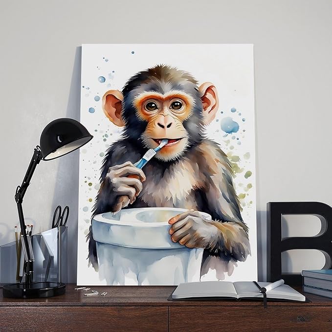 KIPNG Cheerful Monkey Hygiene_ Work of A Playful Dental Routine Poster Canvas Poster Bedroom Sports Landscape Office Room Gift Frame-style20x30inch(50x75cm)