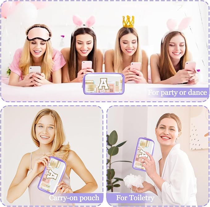 Small Clear Personalized Initial Makeup Bag,Nylon Preppy A-Z Chenille Letter Patch Cosmetic Pouch Beach Toiletry Bag,Waterproof Zip Travel Purse Storage Bag Organizer for Women Girls(Purple-White A)