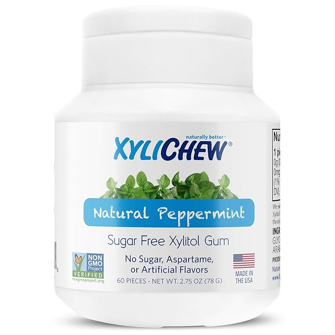Xylichew 100% Xylitol Chewing Gum - Non GMO, Non Aspartame, Gluten Free, and Sugar Free Gum - Natural Oral Care, Relieves Bad Breath and Dry Mouth - Peppermint, 60 Count