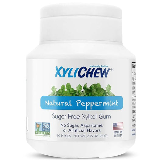 Xylichew 100% Xylitol Chewing Gum - Non GMO, Non Aspartame, Gluten Free, and Sugar Free Gum - Natural Oral Care, Relieves Bad Breath and Dry Mouth - Peppermint, 60 Count