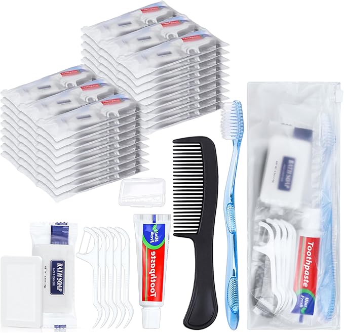 25 Sets Personal Hygiene Kit, Disposable Toothbrushes with Toothpaste Floss Comb Soap and Cover, Toiletry Kits Homeless Bulk for Women,Men,Travel