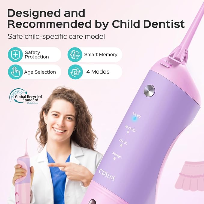 COSLUS Kids Water Dental Flosser Deep Cleaning Picks Portable 4 Modes for Ages 6+ Safe Waterproof Rechargeable with 2 Jet Tips for Gums Care Pink Purple