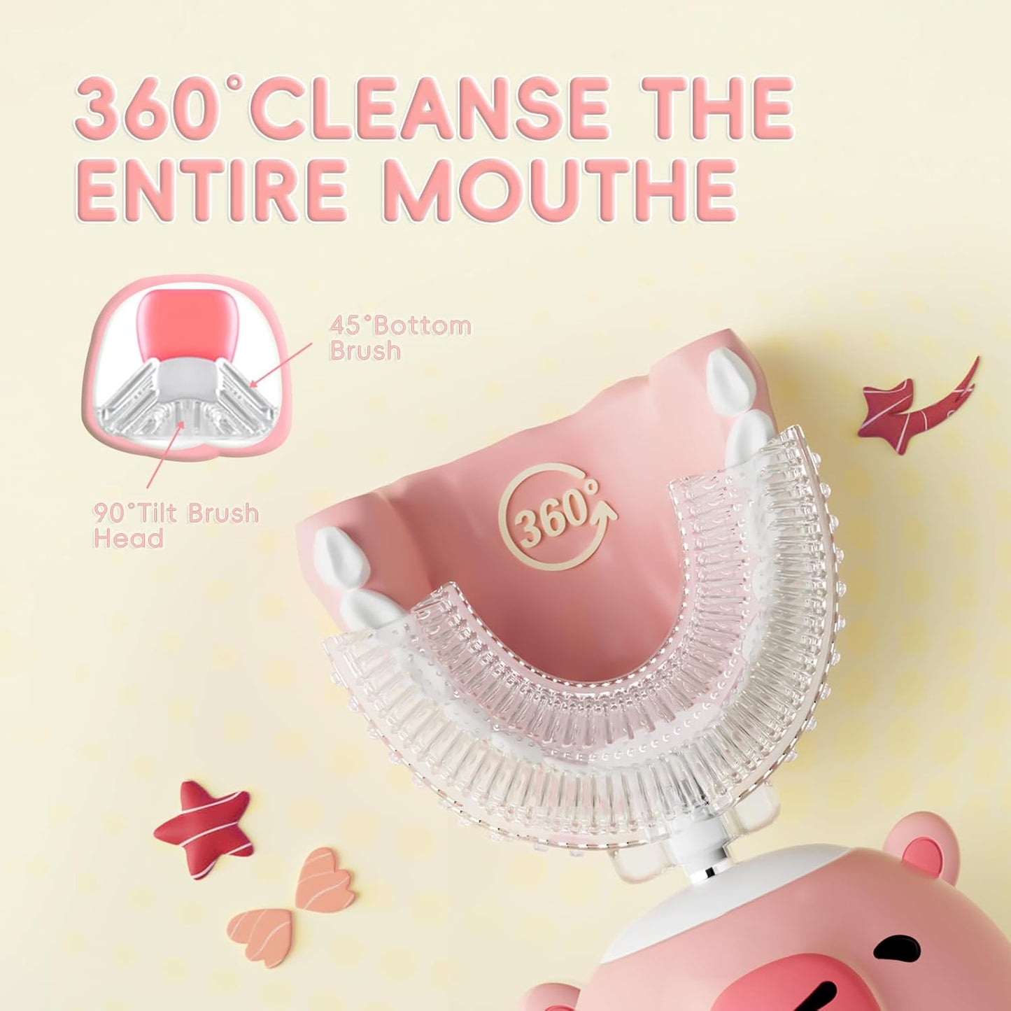 Kids Electric Toothbrush U Shaped - Cartoon Capybara with 6 Brush Heads Full Mouth Degree Cleaning Sonic Toddler Automatic Toothbrush with IPX7 Waterproof (Pink 2-14 Years)