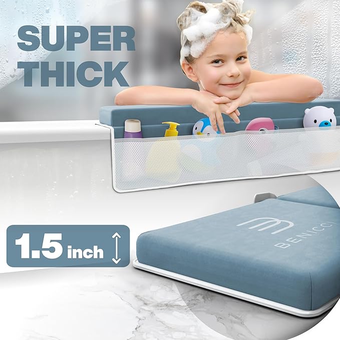 Comfortable Bath Kneeler and Elbow Kneeling Rest Pad for Baby Bathing Parents - Painless Foam Mat with Toy Organizer Pockets - Quick Drying, Foldable, Non-Slip for Baby and Toddler Bathing - Blue